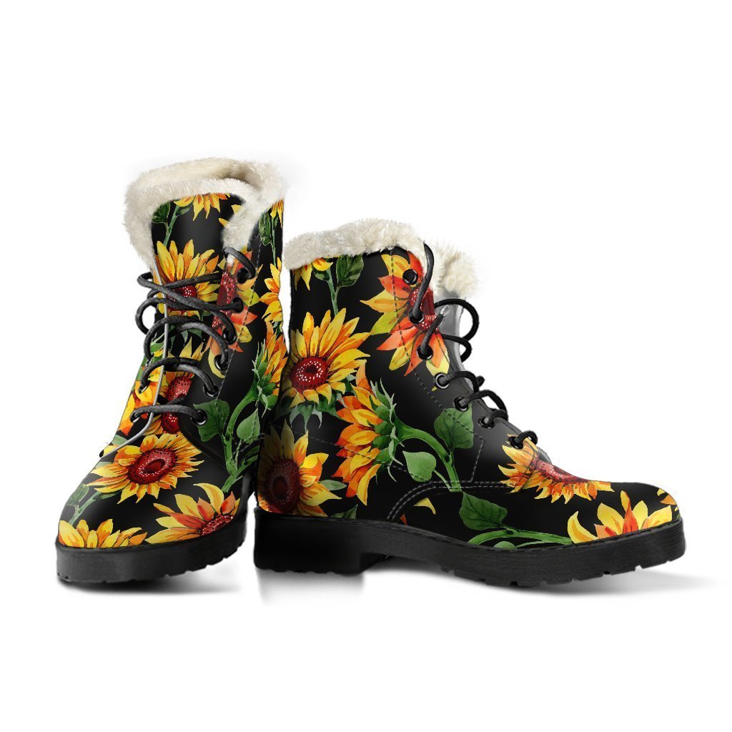 Boho Chic: Black Autumn Sunflower Pattern Faux Fur Leather Boots - 3