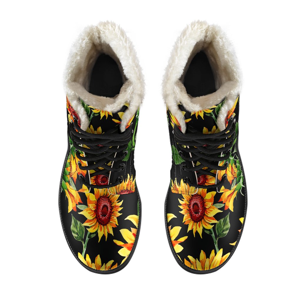 Boho Chic: Black Autumn Sunflower Pattern Faux Fur Leather Boots - 4