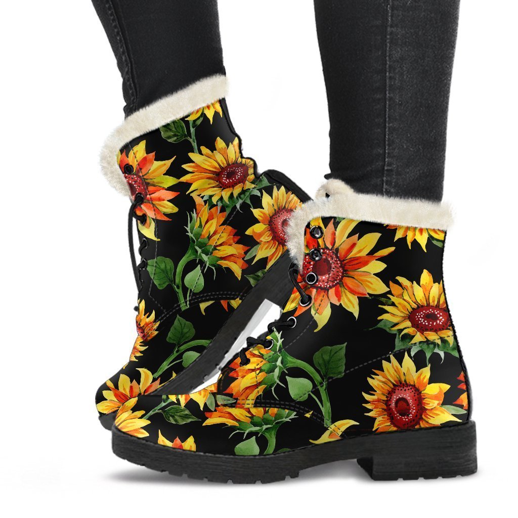 Boho Chic: Black Autumn Sunflower Pattern Faux Fur Leather Boots - 1