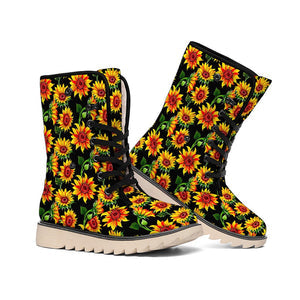 Emerald Blossoms -  Black Autumn Sunflower Pattern Print Winter Boots For Modern Hippie