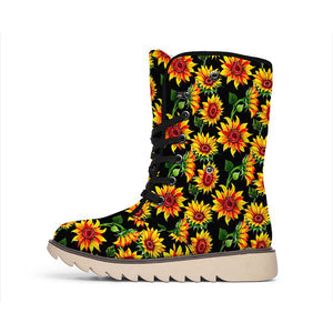 Emerald Blossoms -  Black Autumn Sunflower Pattern Print Winter Boots For Modern Hippie