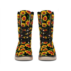 Emerald Blossoms -  Black Autumn Sunflower Pattern Print Winter Boots For Modern Hippie