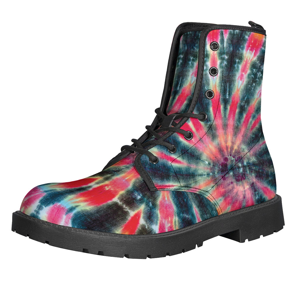 Step into the Groovy Vibes with Black Tie-Dye Leather Lightweight Boots for Hippies - 1