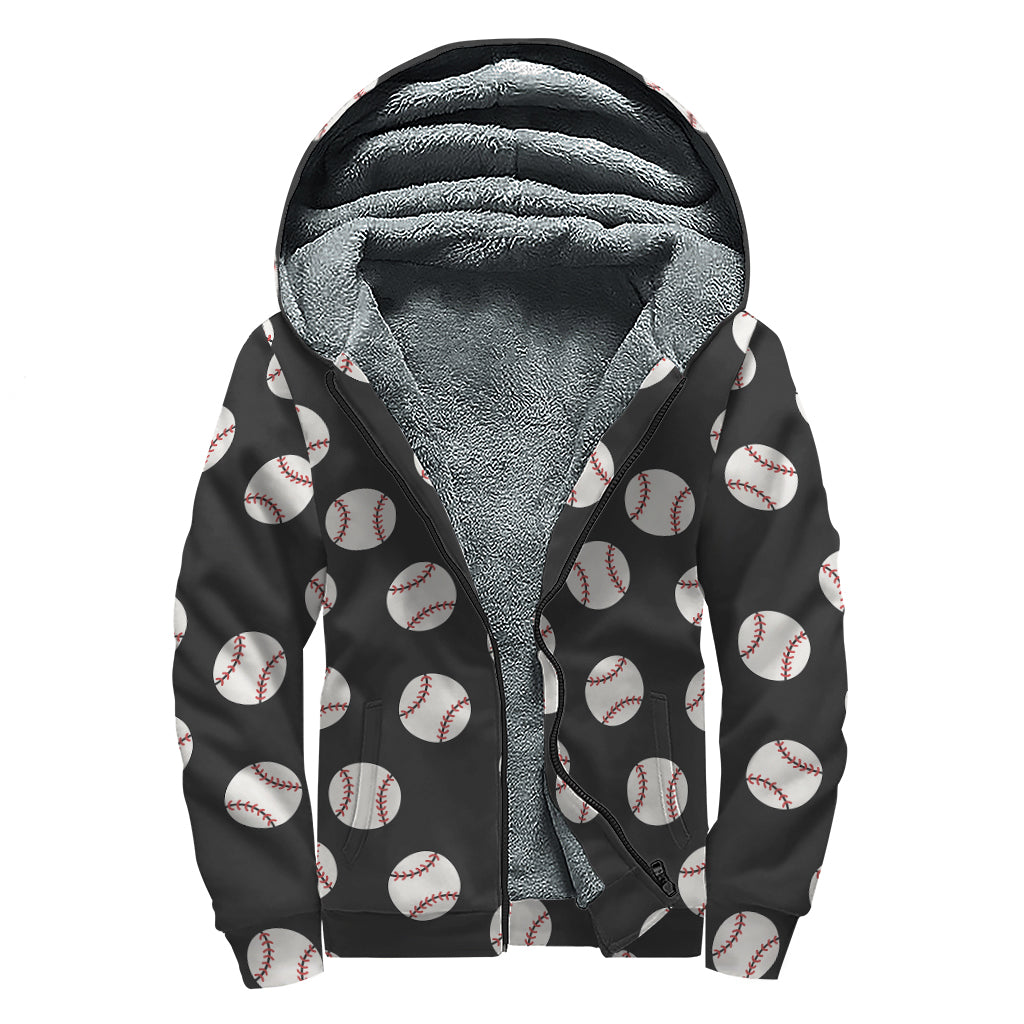 Groovy Vibes Black Baseball Pattern Print Sherpa Lined Zip Up Hoodie - 1