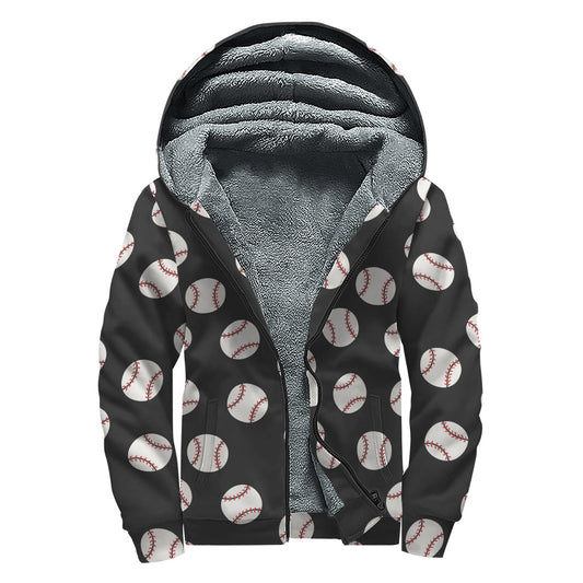 Groovy Vibes Black Baseball Pattern Print Sherpa Lined Zip Up Hoodie - 1