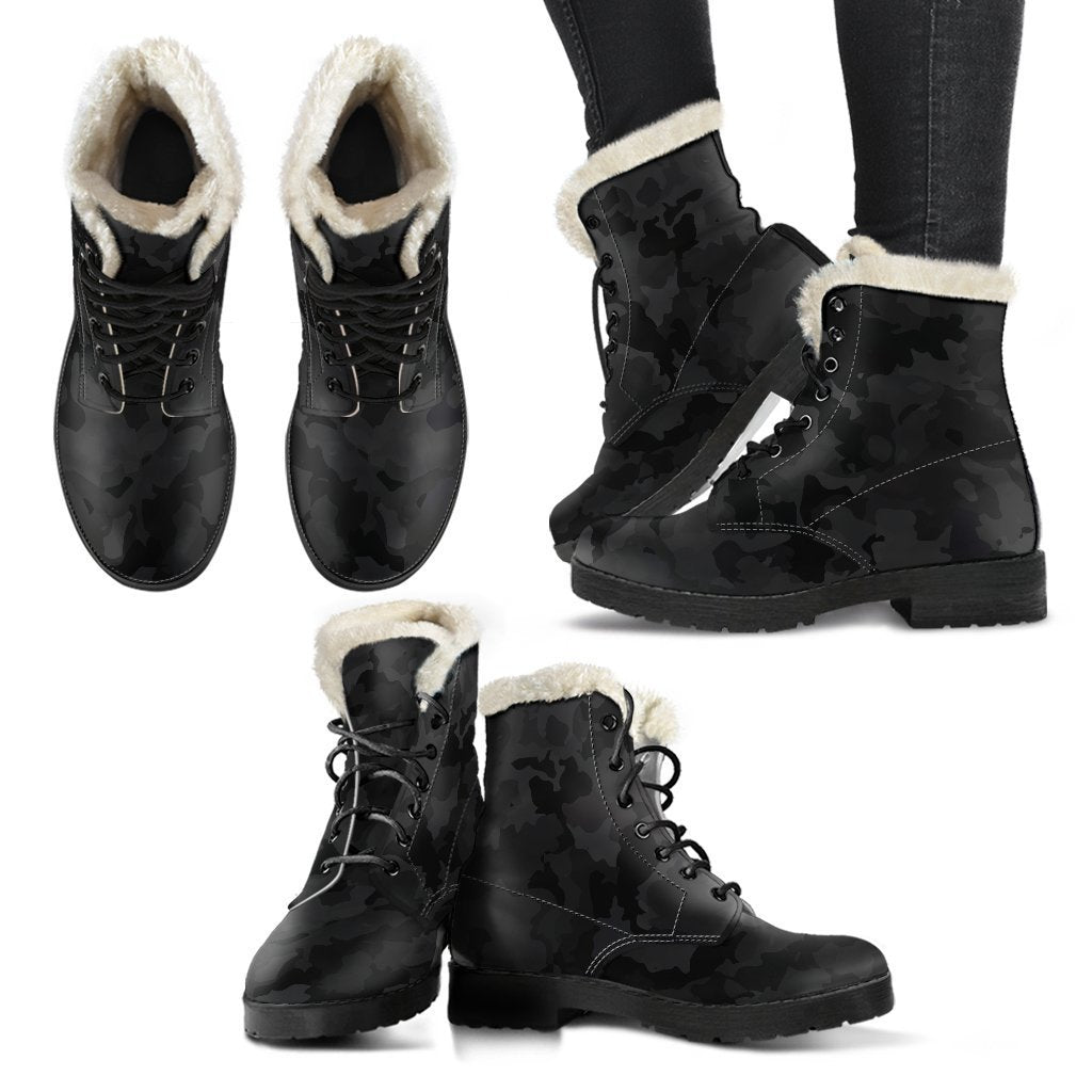 Walk the Peaceful Path with Black Camouflage Faux Fur Leather Boots - 2