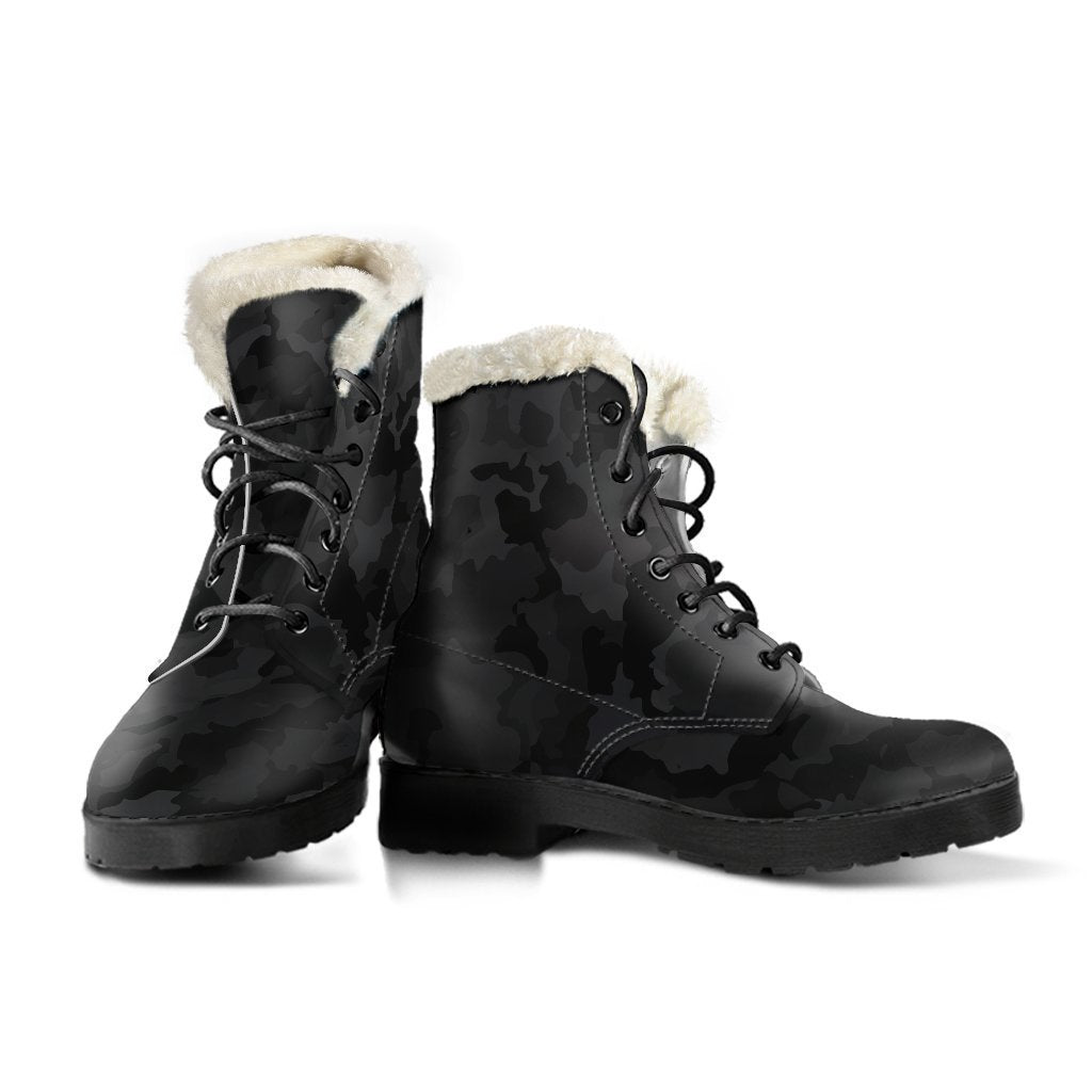 Walk the Peaceful Path with Black Camouflage Faux Fur Leather Boots - 3