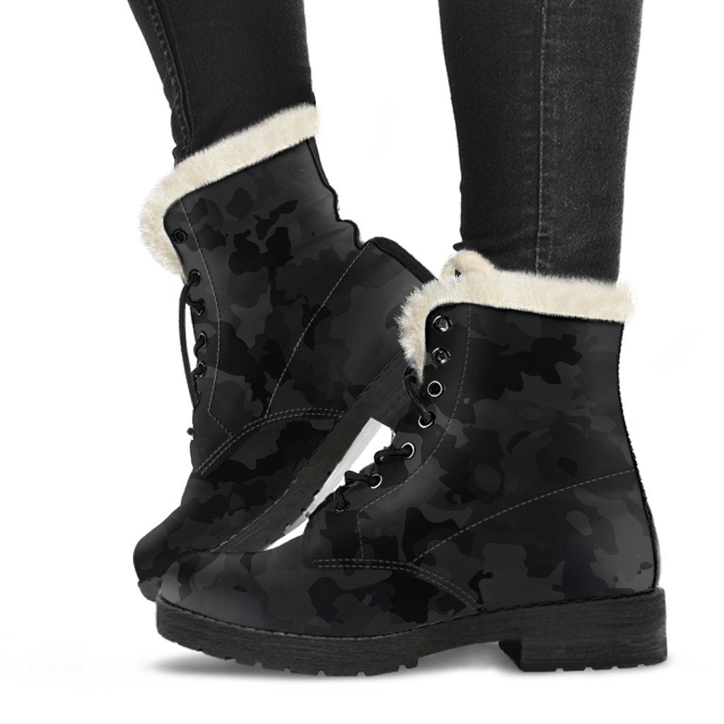 Walk the Peaceful Path with Black Camouflage Faux Fur Leather Boots - 1