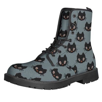 Black Cat Knitted Pattern Leather Boots for the Free-Spirited Hippie - 1