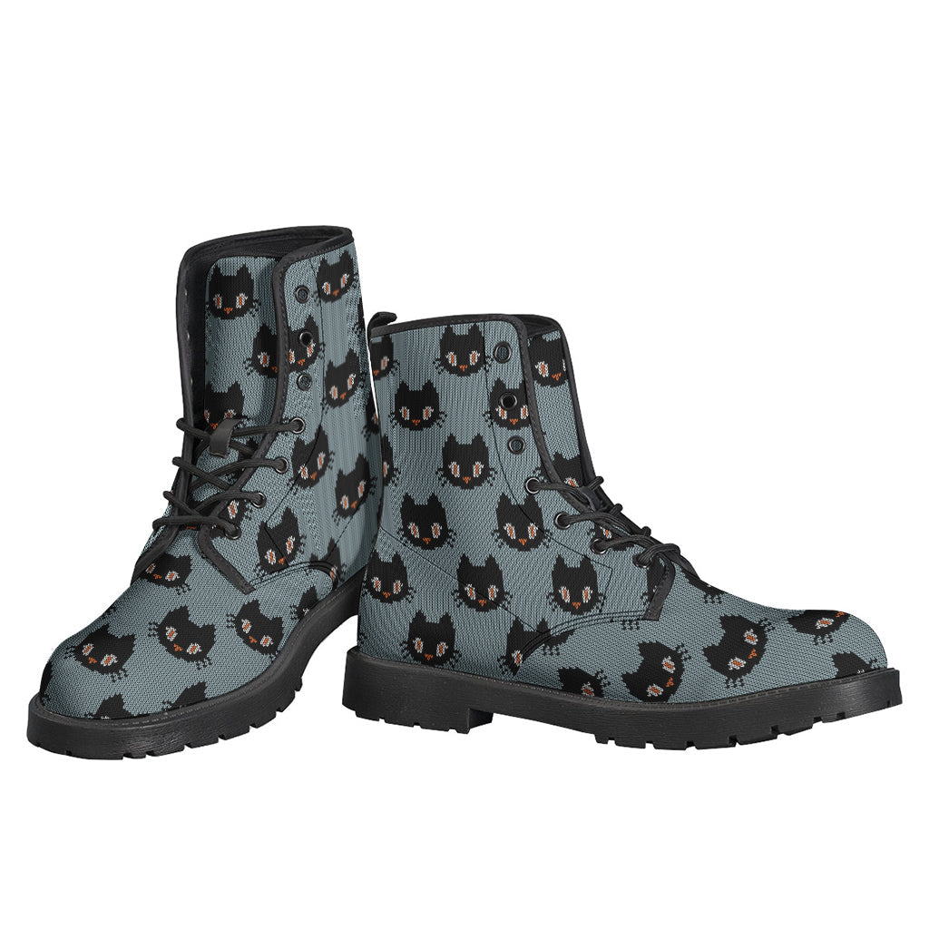 Black Cat Knitted Pattern Leather Boots for the Free-Spirited Hippie - 3