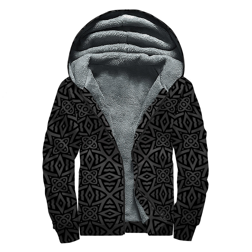 Black Celtic Symbol Print Hippie Sherpa Lined Zip Up Hoodie - 1