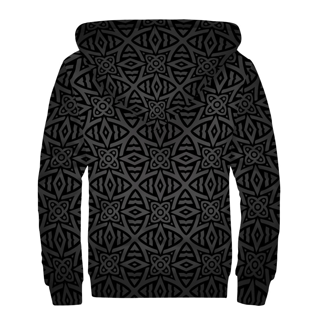 Black Celtic Symbol Print Hippie Sherpa Lined Zip Up Hoodie - 2