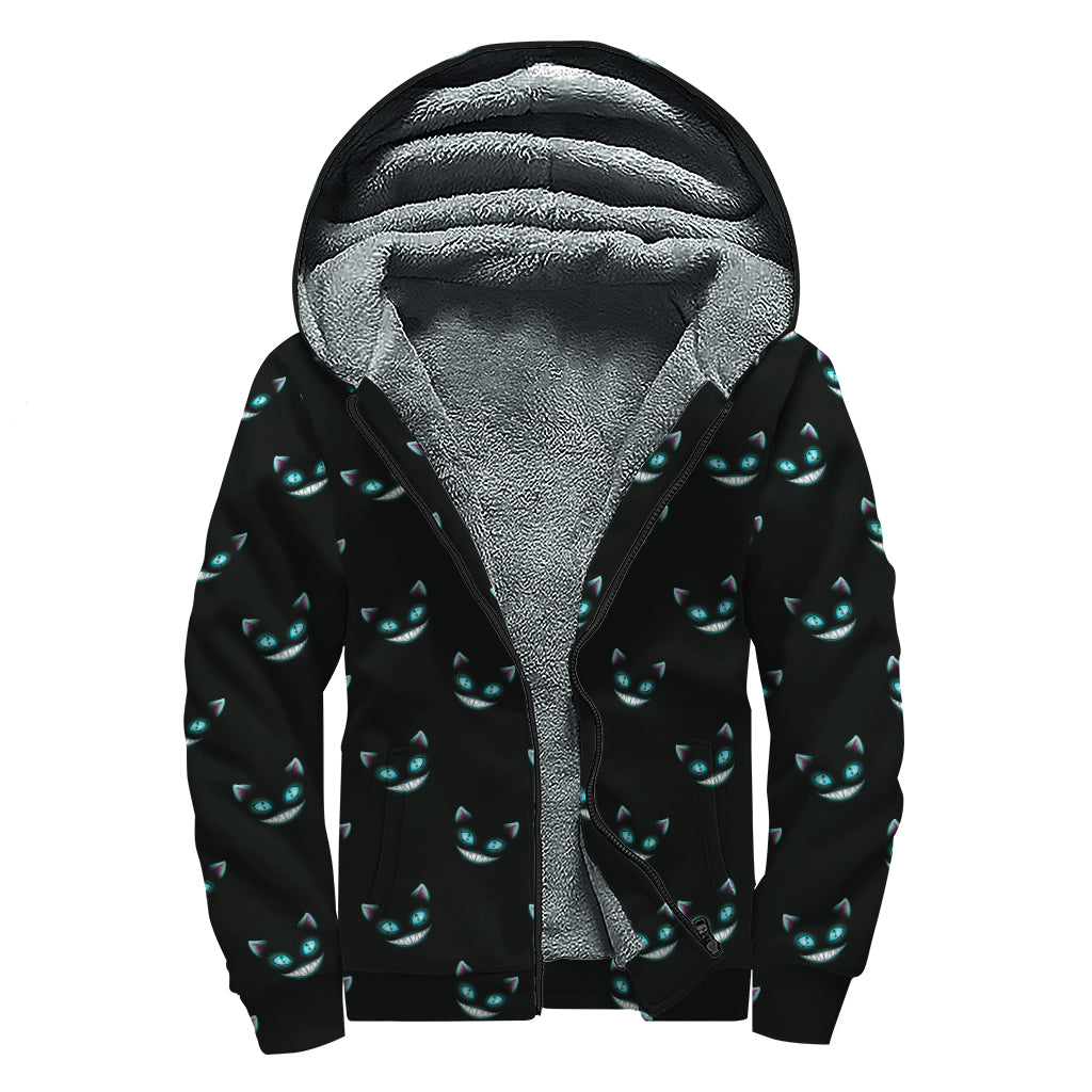 Black Cheshire Cat Pattern Print Sherpa Lined Zip Up Hoodie - Embrace Your Inner Hippie Style - 1