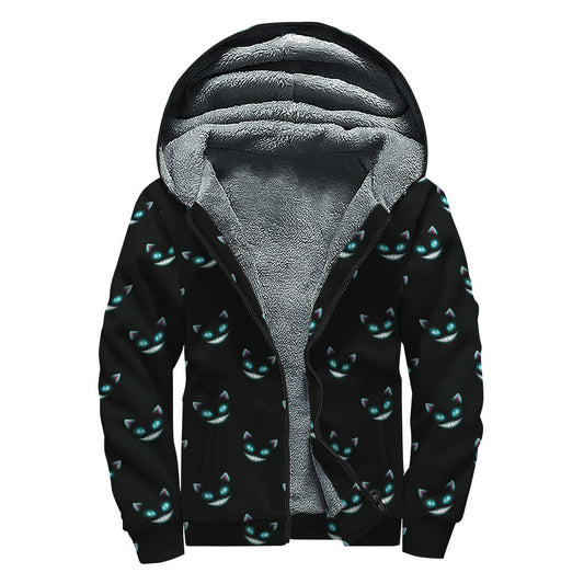 Black Cheshire Cat Pattern Print Sherpa Lined Zip Up Hoodie - Embrace Your Inner Hippie Style - 1