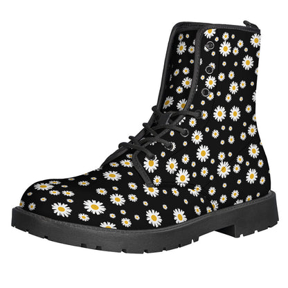 Black Daisy Floral Pattern Leather Boots: Your Hippie Style Essential - 1