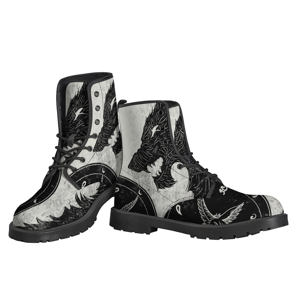 Groovy Demon Wolf Print Leather Boots for Trendy Hippies - 3