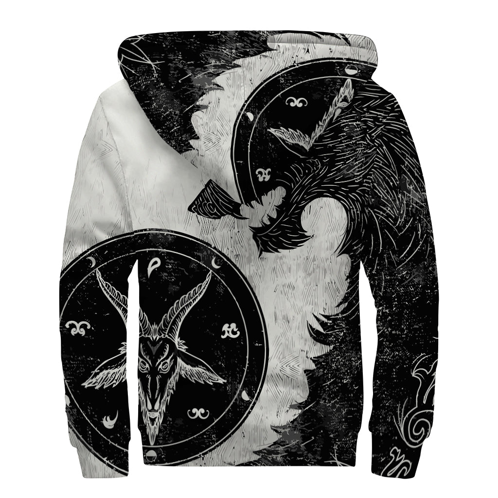 Black Demon Wolf Print Sherpa Lined Zip Up Hoodie for Free-Spirited Hippies - 2