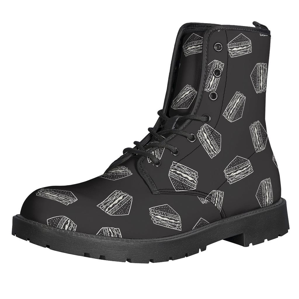 Black Doodle Sandwich Pattern Print Leather Lightweight Boots for the Free-Spirited Hippie - 1