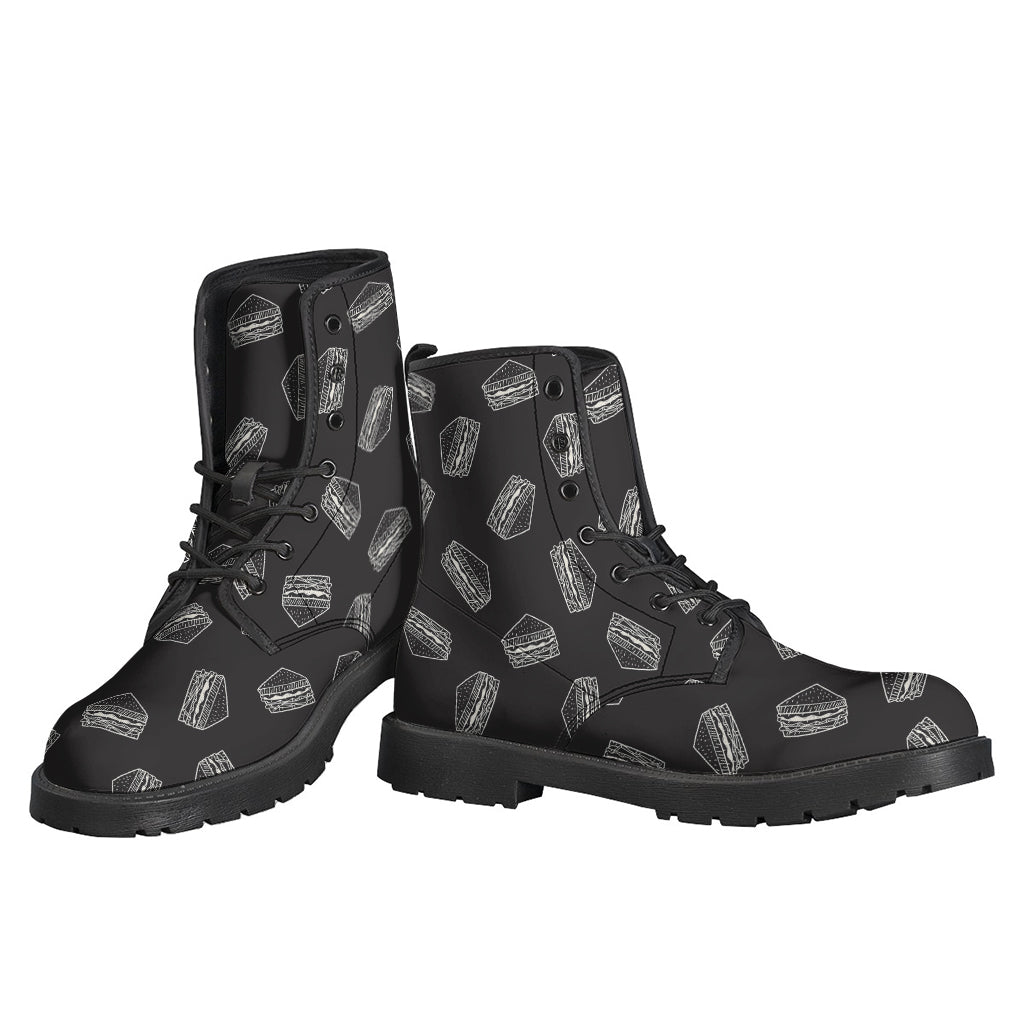 Black Doodle Sandwich Pattern Print Leather Lightweight Boots for the Free-Spirited Hippie - 3