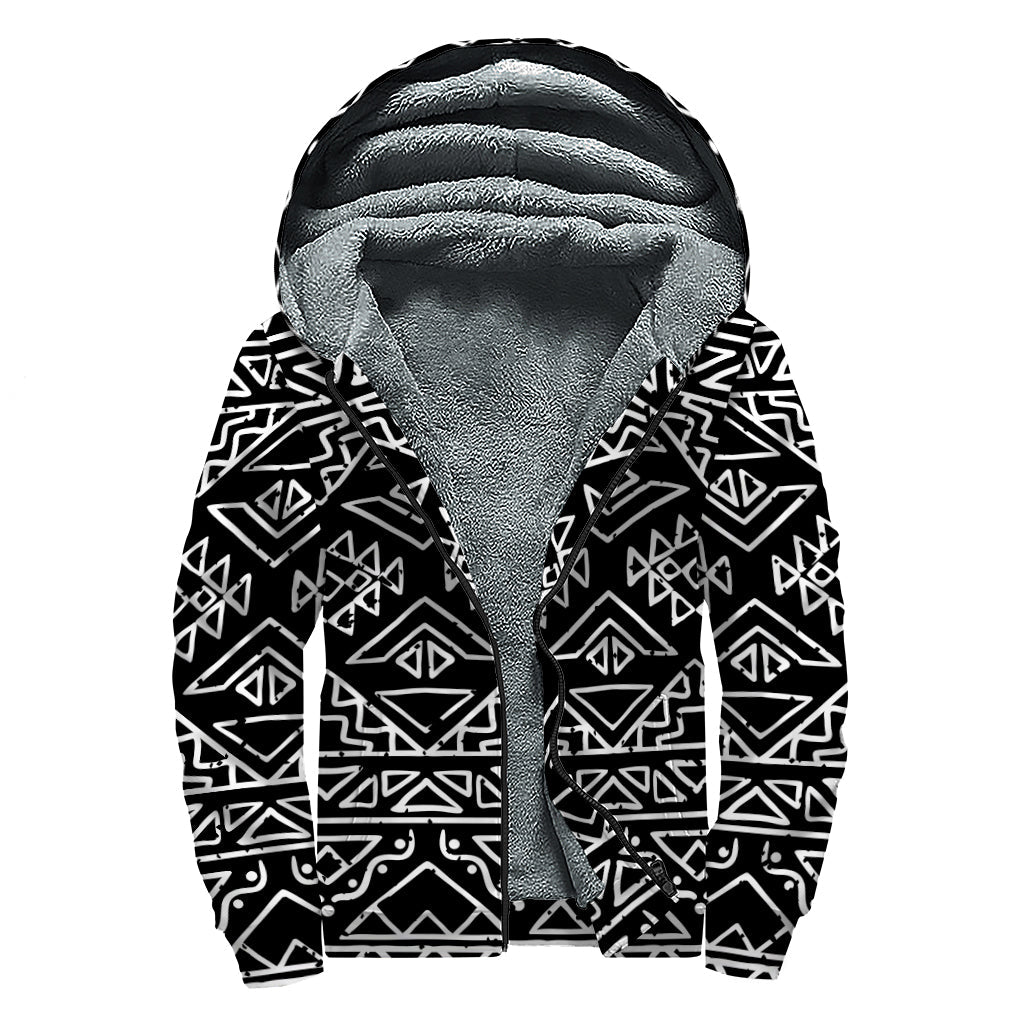 Black Aztec Print Sherpa-Lined Zip Up Hoodie for Boho Chic Hippies - 1