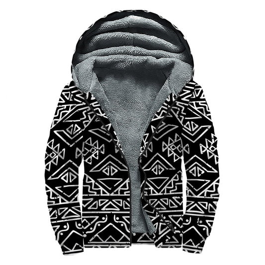 Black Aztec Print Sherpa-Lined Zip Up Hoodie for Boho Chic Hippies - 1