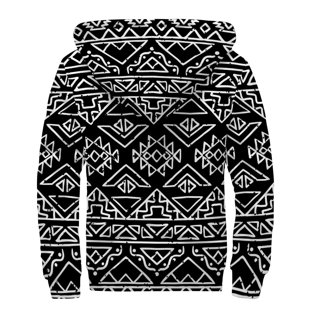 Black Aztec Print Sherpa-Lined Zip Up Hoodie for Boho Chic Hippies - 2