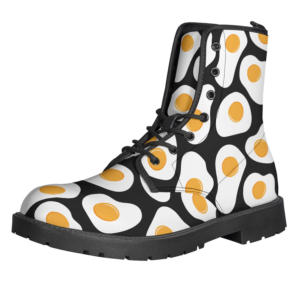 Groovy Hippie Vibes: Black Fried Eggs Pattern Leather Lightweight Boots - 1