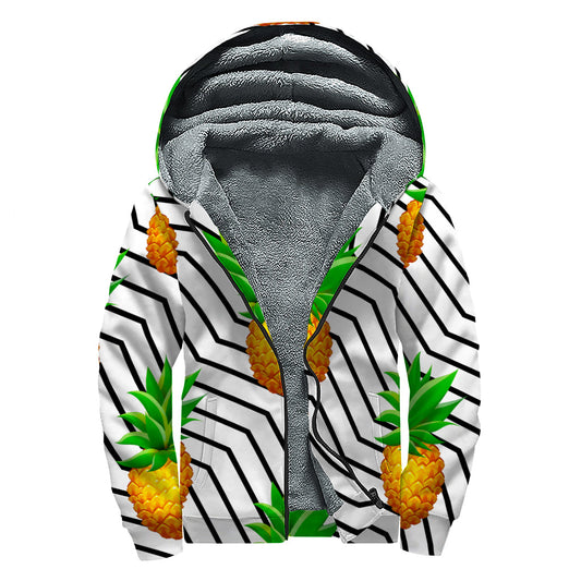 Black Geometric Pineapple Print Sherpa Lined Zip Up Hoodie for the Free-Spirited Hippie - 1