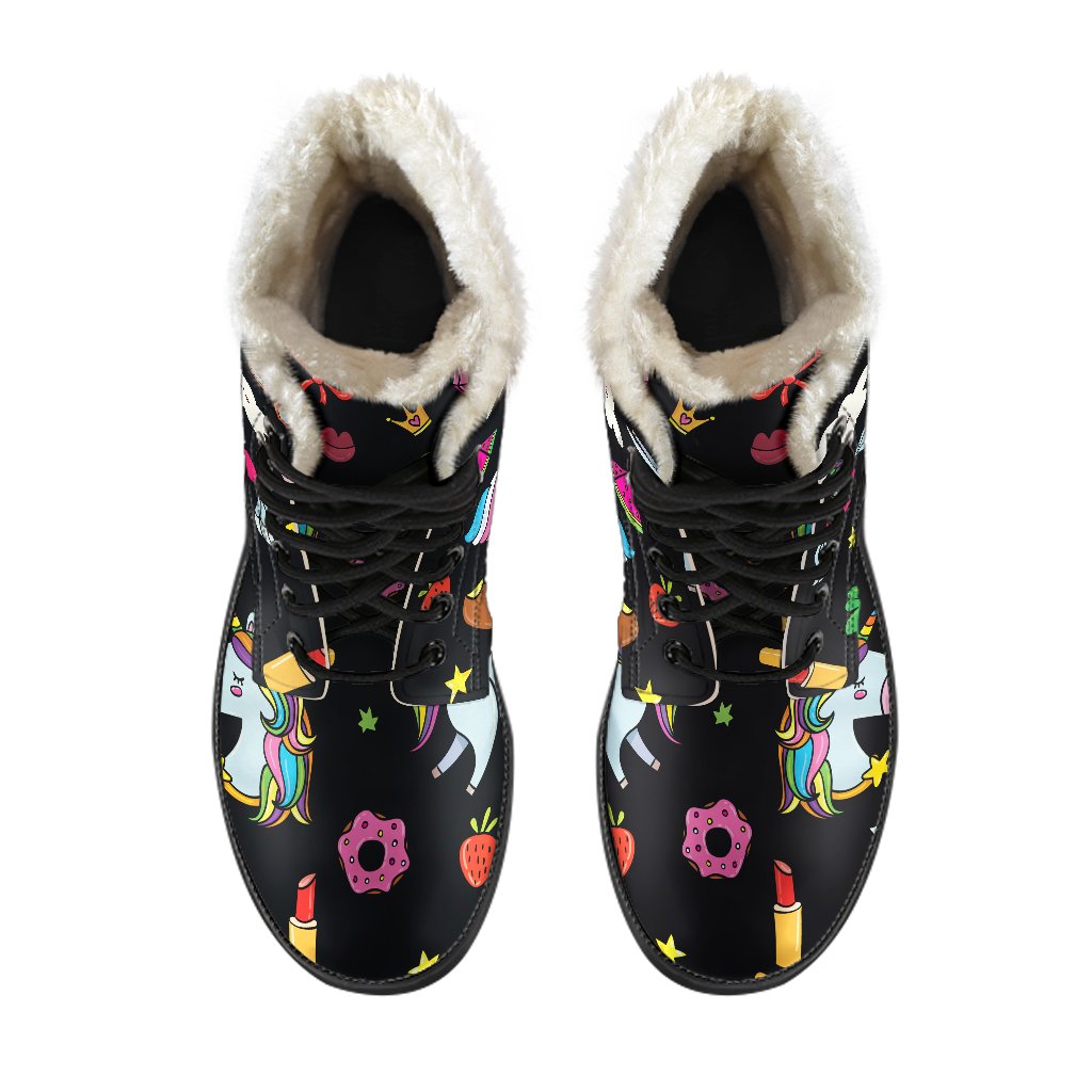 Groovy Vibes: Black Girly Unicorn Faux Fur Leather Boots for Hippies - 4