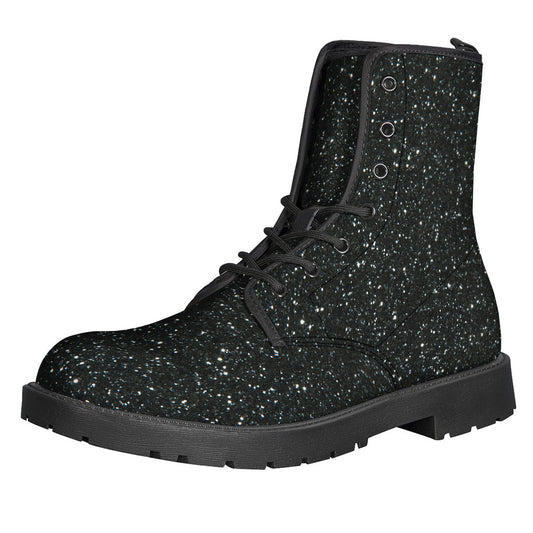 Groovy Vibes: Black Not Real Glitter Print Leather Boots for Cool Hippies - 1