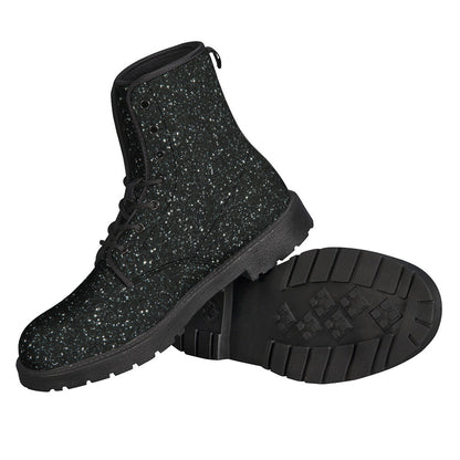 Groovy Vibes: Black Not Real Glitter Print Leather Boots for Cool Hippies - 2