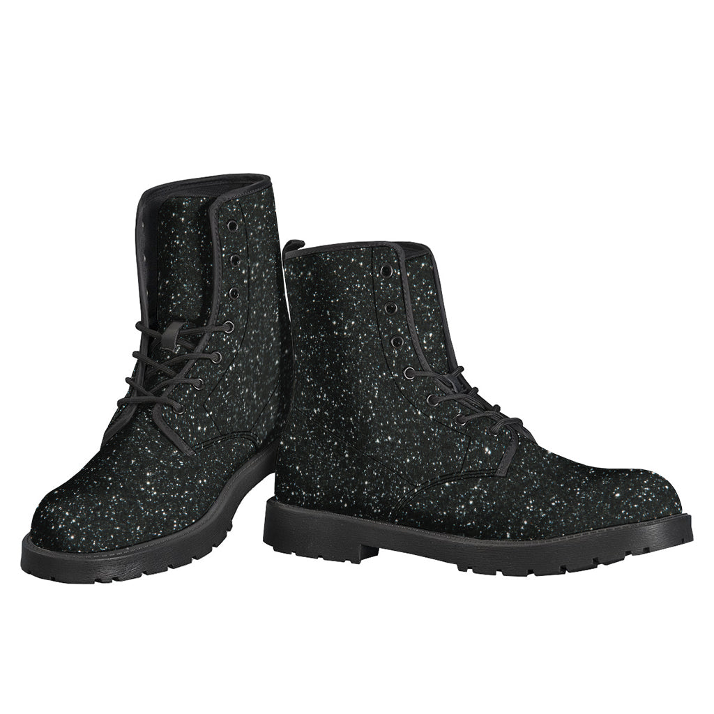 Groovy Vibes: Black Not Real Glitter Print Leather Boots for Cool Hippies - 3