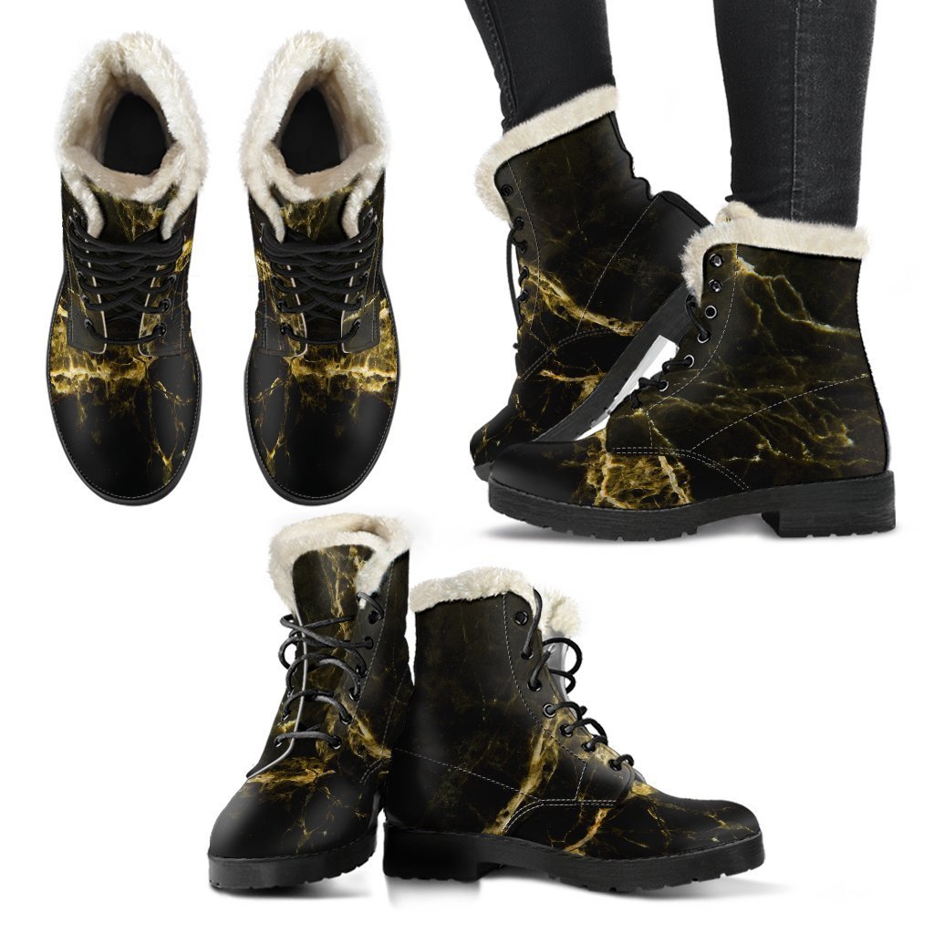 Groovy Vibes: Black Gold Marble Print Faux Fur Leather Boots for Trendy Hippies - 2