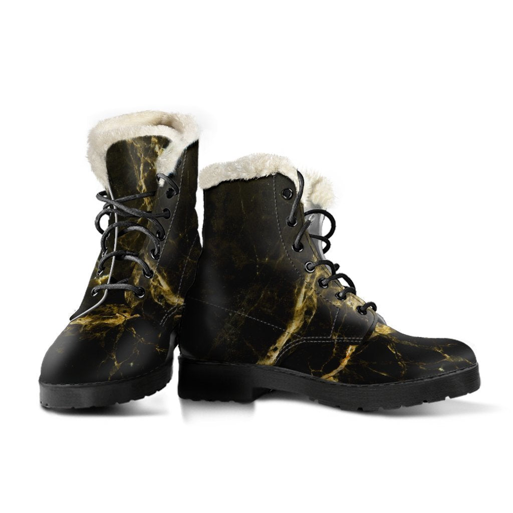 Groovy Vibes: Black Gold Marble Print Faux Fur Leather Boots for Trendy Hippies - 3