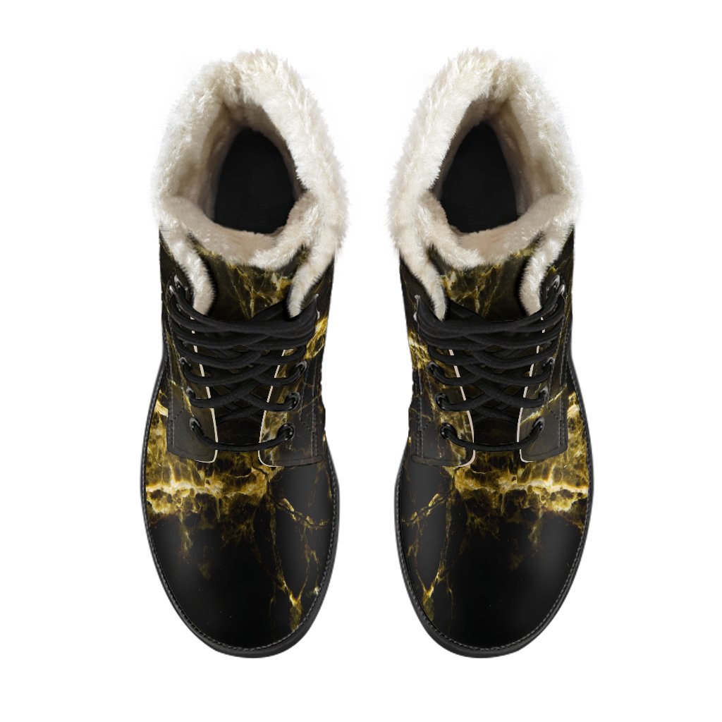 Groovy Vibes: Black Gold Marble Print Faux Fur Leather Boots for Trendy Hippies - 4