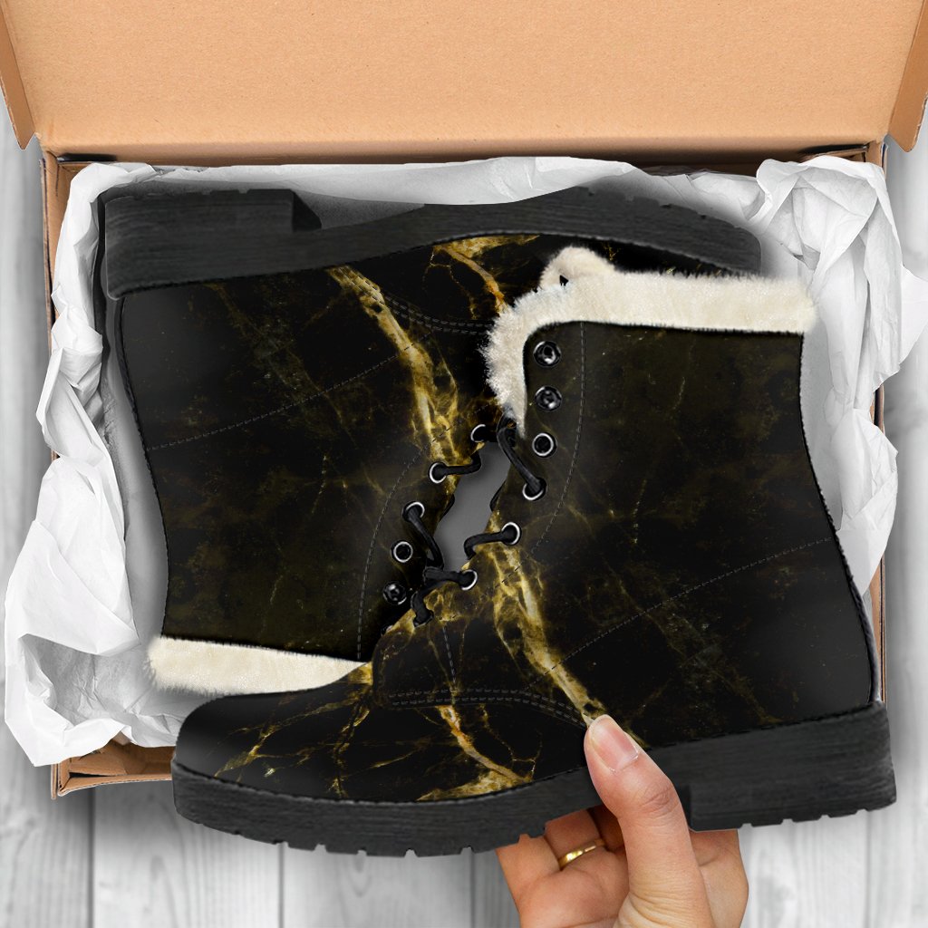 Groovy Vibes: Black Gold Marble Print Faux Fur Leather Boots for Trendy Hippies - 5