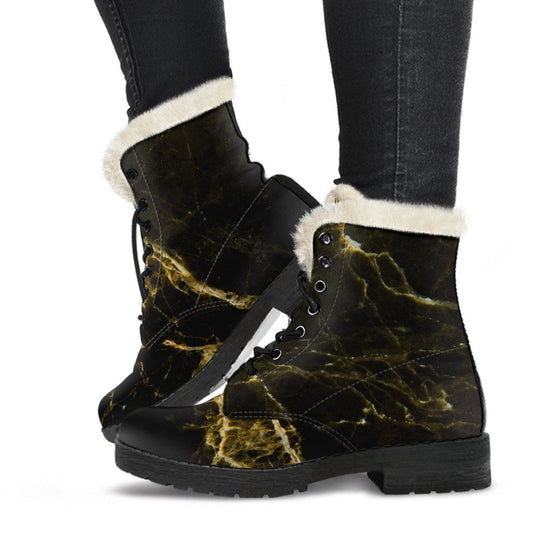 Groovy Vibes: Black Gold Marble Print Faux Fur Leather Boots for Trendy Hippies - 1