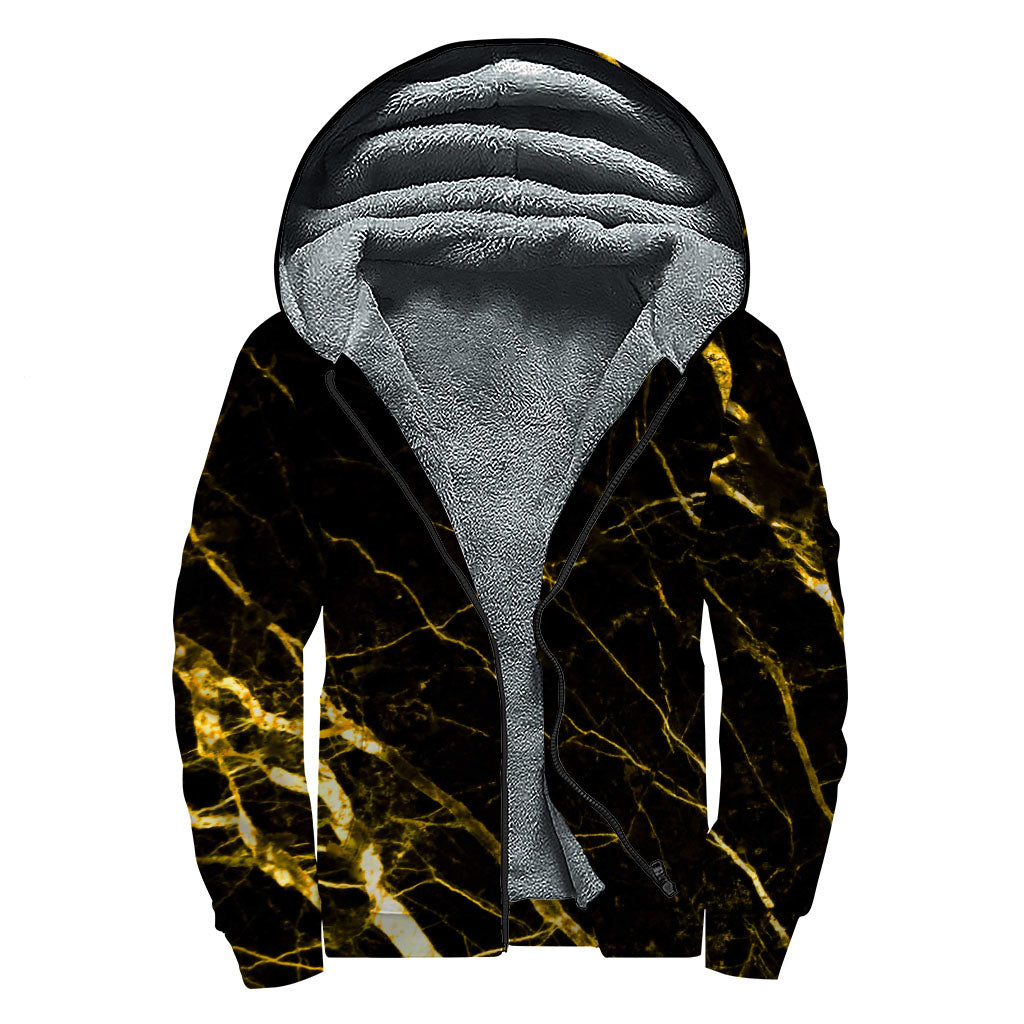 Black Gold Scratch Marble Print Sherpa Lined Zip Up Hoodie for the Free-Spirited Hippie - 1