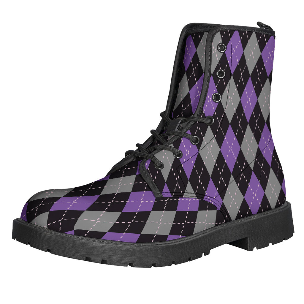 Black, Grey, and Purple Argyle Print Leather Boots for the Stylish Hippie - 1