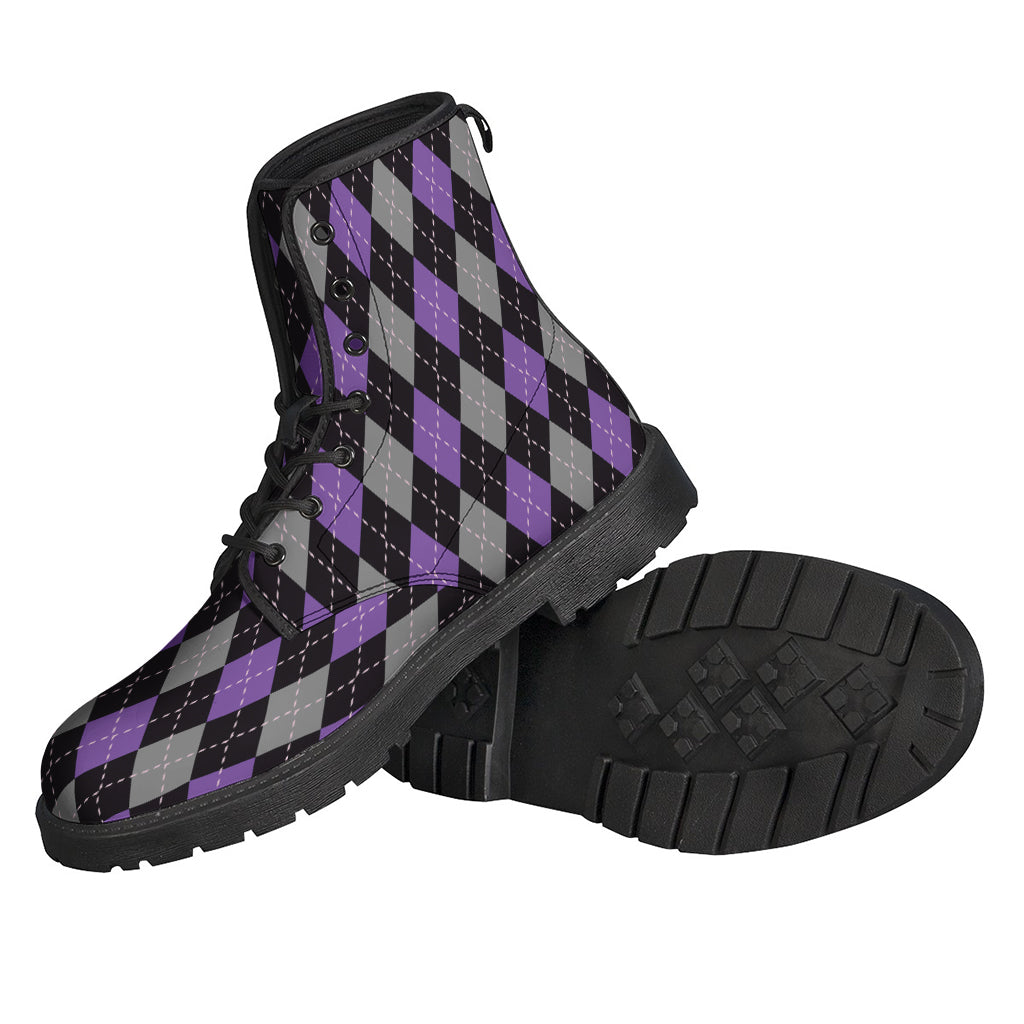 Black, Grey, and Purple Argyle Print Leather Boots for the Stylish Hippie - 2