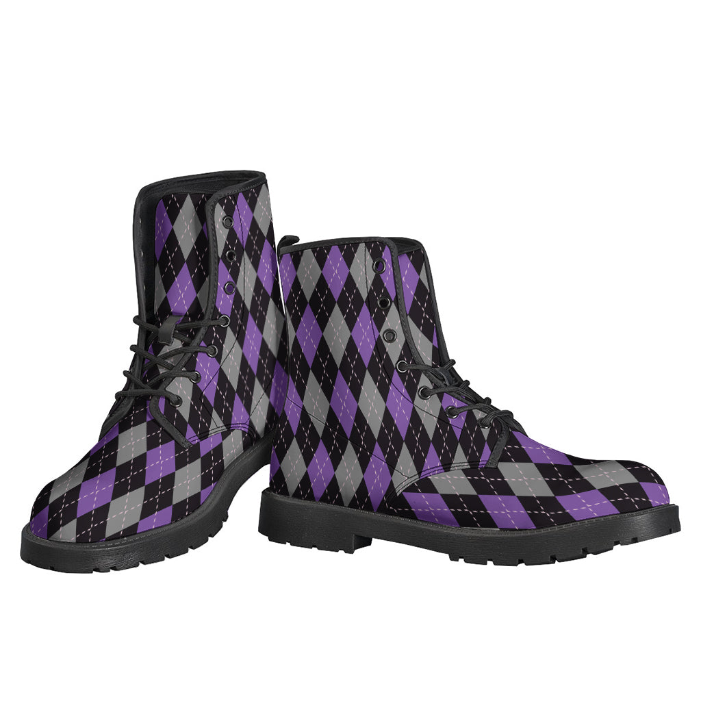 Black, Grey, and Purple Argyle Print Leather Boots for the Stylish Hippie - 3