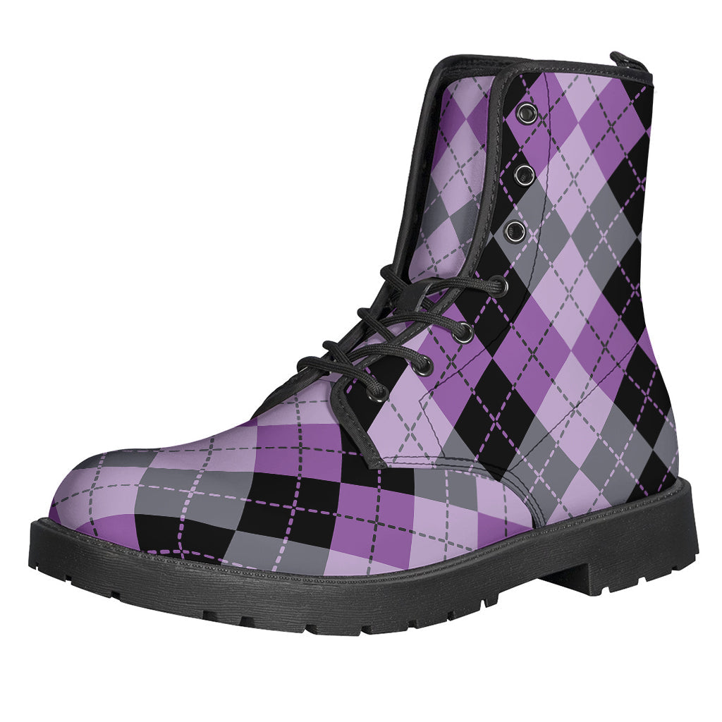 Boho-Chic Vibes: Black, Grey, and Violet Argyle Print Leather Boots - 1