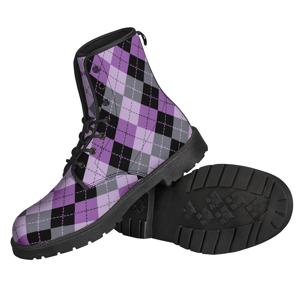 Boho-Chic Vibes: Black, Grey, and Violet Argyle Print Leather Boots - 2