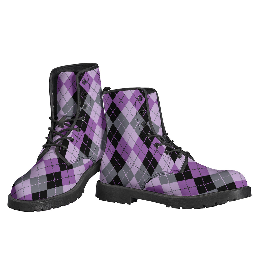 Boho-Chic Vibes: Black, Grey, and Violet Argyle Print Leather Boots - 3