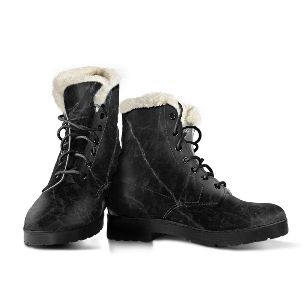 Groovy Vibes: Black Grey Dark Marble Print Faux Fur Leather Boots - 3