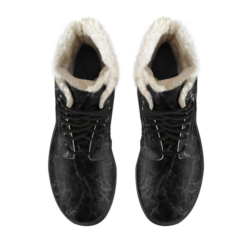 Groovy Vibes: Black Grey Dark Marble Print Faux Fur Leather Boots - 4