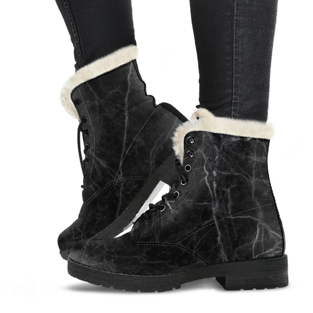 Groovy Vibes: Black Grey Dark Marble Print Faux Fur Leather Boots - 1