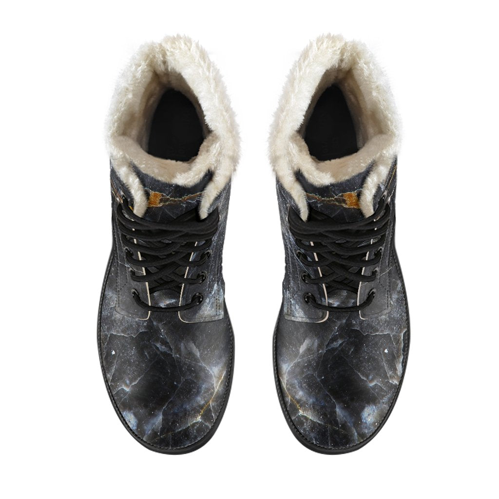 Black & Grey Marble Print Faux Fur Leather Boots for the Boho Babe - 4