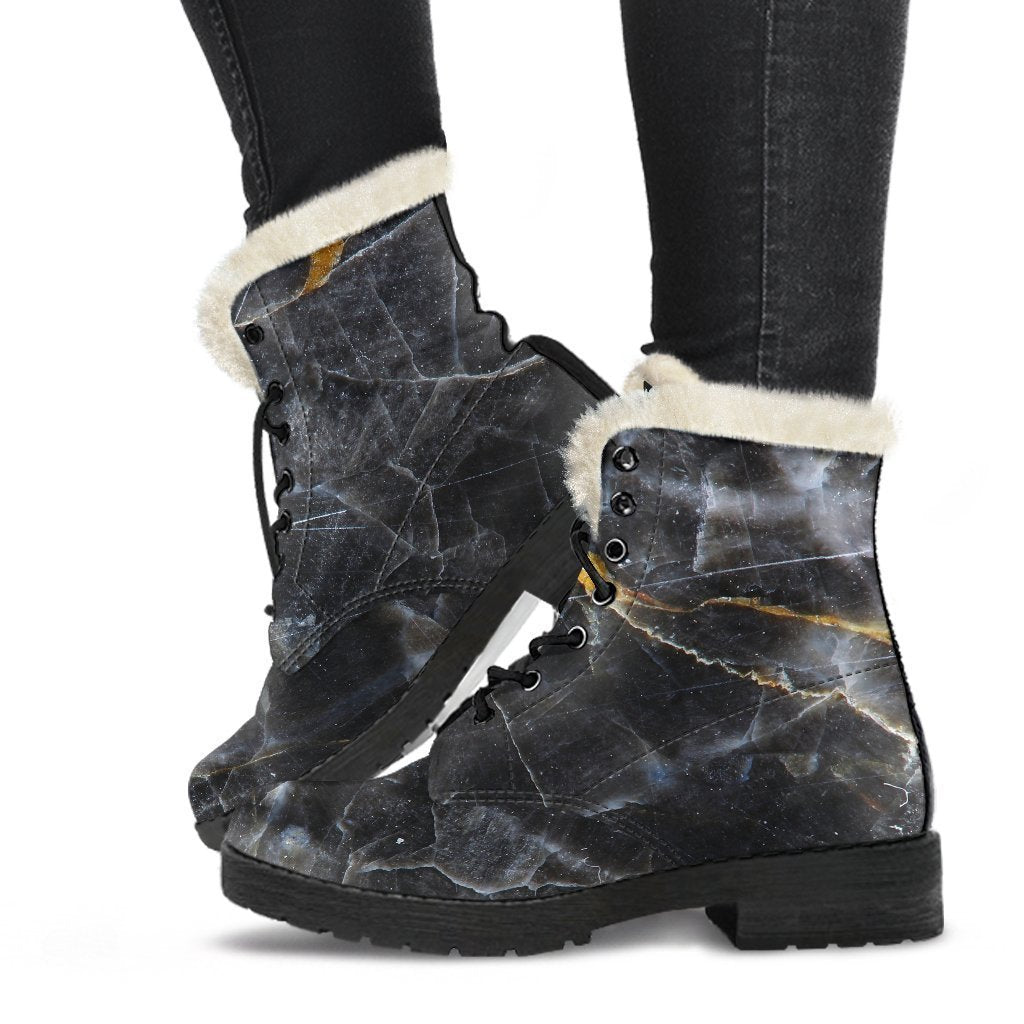 Black & Grey Marble Print Faux Fur Leather Boots for the Boho Babe - 1