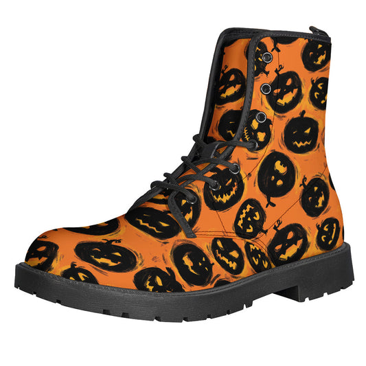 Groovy Black Halloween Pumpkin Pattern Leather Boots for Hippies - 1